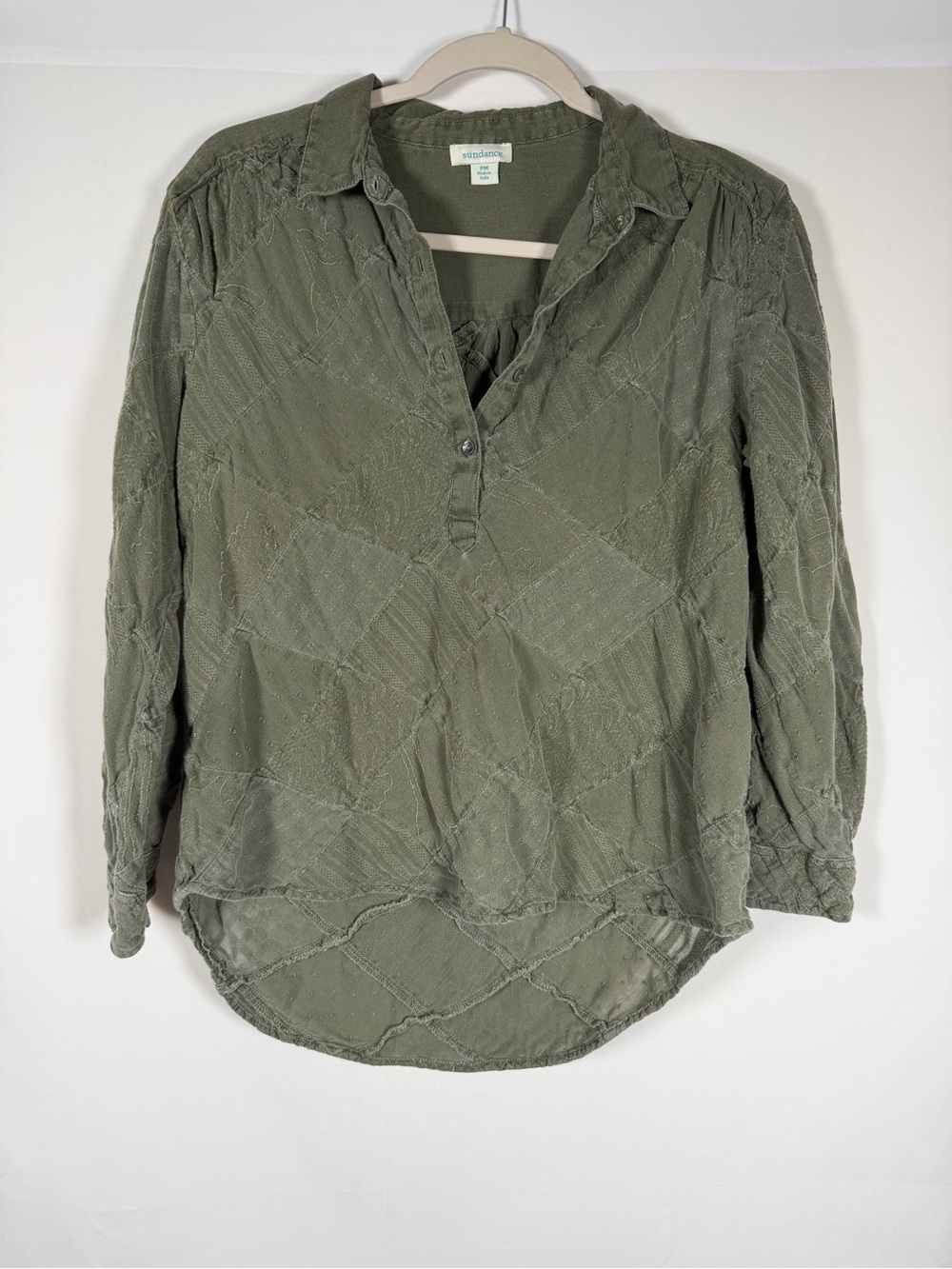 Sundance Olive Green Quilted V-Neck Women's Top Boho, Indie, Forest, Granola